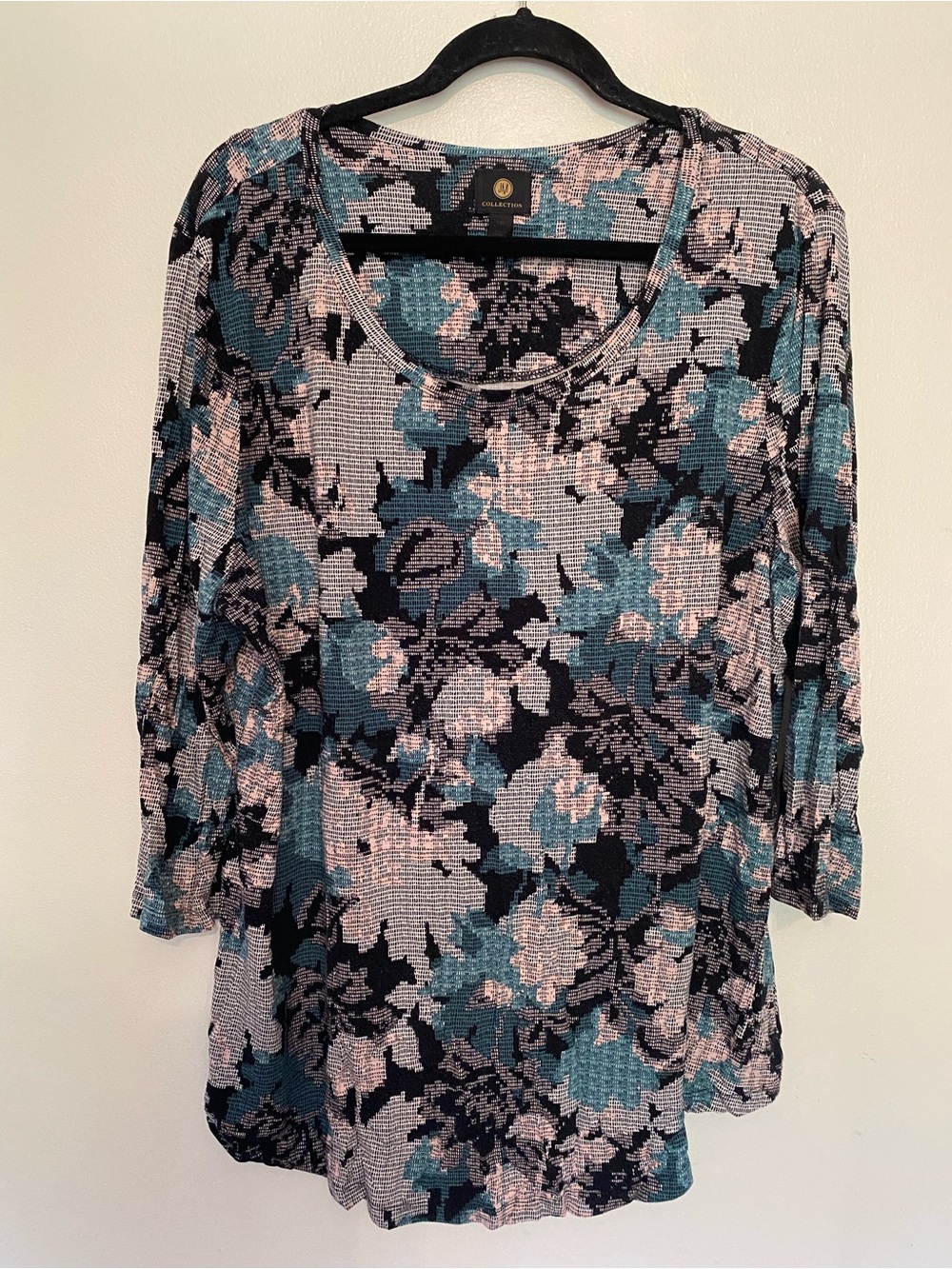 JM Collection Teal, Pink and Black Floral Scoop Neck 3/4 Sleeve Top